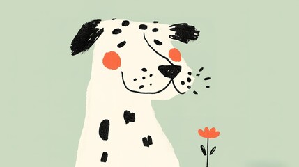 A cute, cartoon-style dog with black spots holds a flower, set against a soft green background, exuding a cheerful and playful vibe.