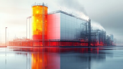 Obraz premium Industrial Facility at Dawn with Reflections and Vibrant Orange Glow Amidst Steam and Fog, Symbolizing Energy Production and Modern Infrastructure