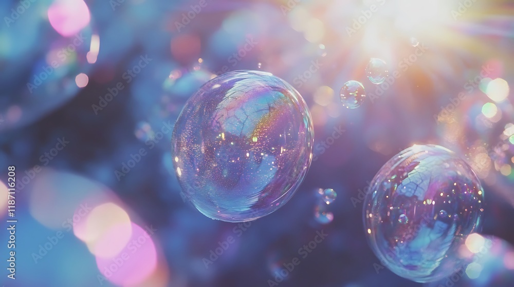 Poster sparkling iridescent soap bubbles float in sunlight.