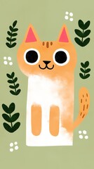 A cute, cartoon-style orange cat with large eyes sits amidst green foliage and small flowers, exuding a playful and cheerful vibe.