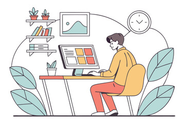 A universal designer working on a computer on a white background