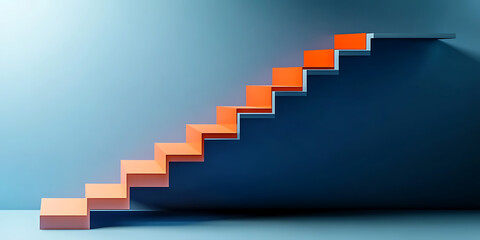 Obraz premium Blue stairs leading to orange top step, success, top level or career minimal modern concept safety alert