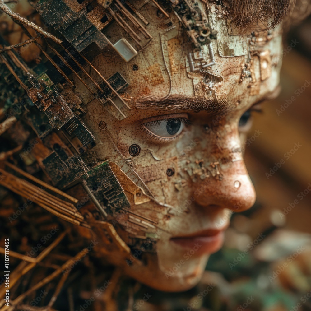 Poster futuristic portrait of a young person with a complex combination of human features and abstract tech