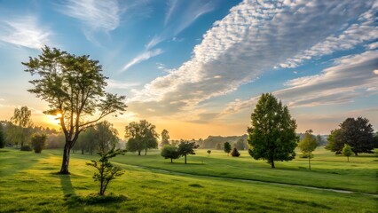 Naklejka premium Serene Park at Golden Hour with Lush Fields and Radiant Sunlight V1