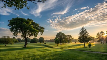 Naklejka premium Serene Park at Golden Hour with Lush Fields and Radiant Sunlight V7