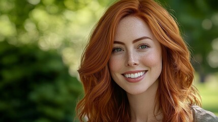 Fototapeta premium Redhead Woman Smiling Outdoors in Natural Light