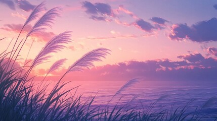 Serene sunset over calm ocean with tall grass swaying gently in the breeze.
