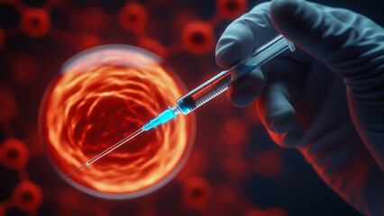 A close-up shot of a scientist's hand injecting a syringe into a red circle, dangerous germs or viruses, showing the test of vaccines and disease prevention.