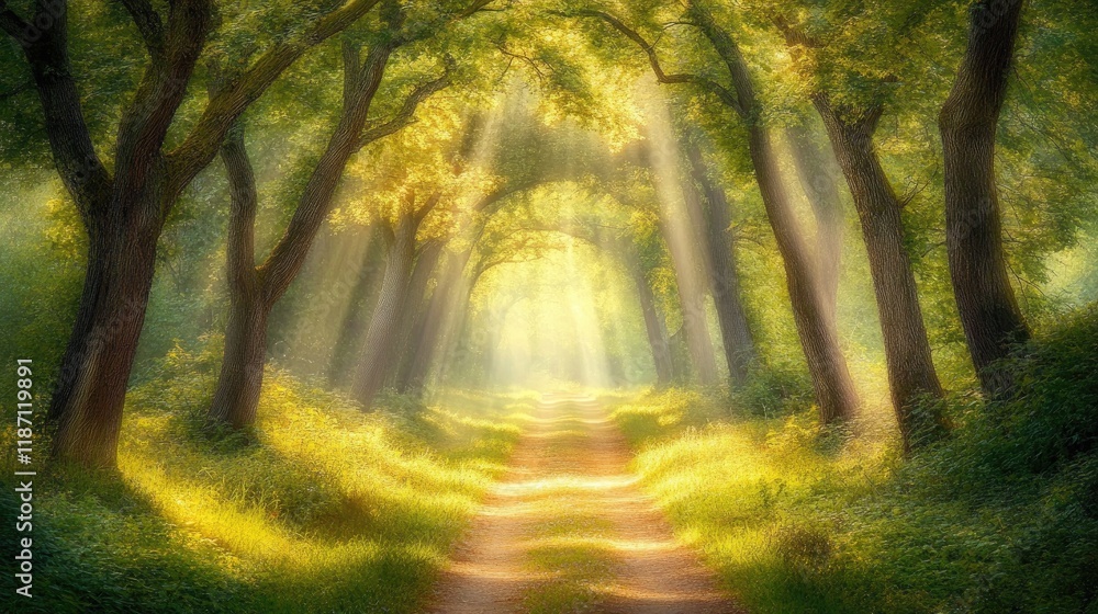Poster Sunlit Path Through A Magical Forest Of Trees