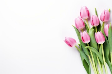 Fototapeta premium Pink tulips forming a bouquet resting on a white background with space for text