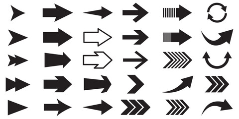 Arrows big black set icons, arrow icon, modern simple arrows, arrow vector collection . Arrows set icon in black color.  Cursor, pointer for web design, interface. Vector illustration.