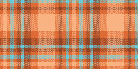 Stationary tartan fabric plaid, harmony seamless pattern textile. Vogue check texture vector background in orange and cyan colors.