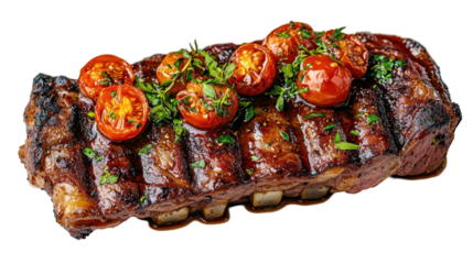 Succulent grilled meat topped with fresh tomatoes and herbs. transparent background