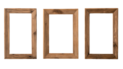 Three empty wooden frames ready for showcasing artwork. transparent background