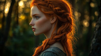 Red haired woman with braided hair in a forest setting
