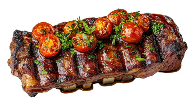 Succulent grilled meat topped with fresh tomatoes and herbs. transparent background - Powered by Adobe