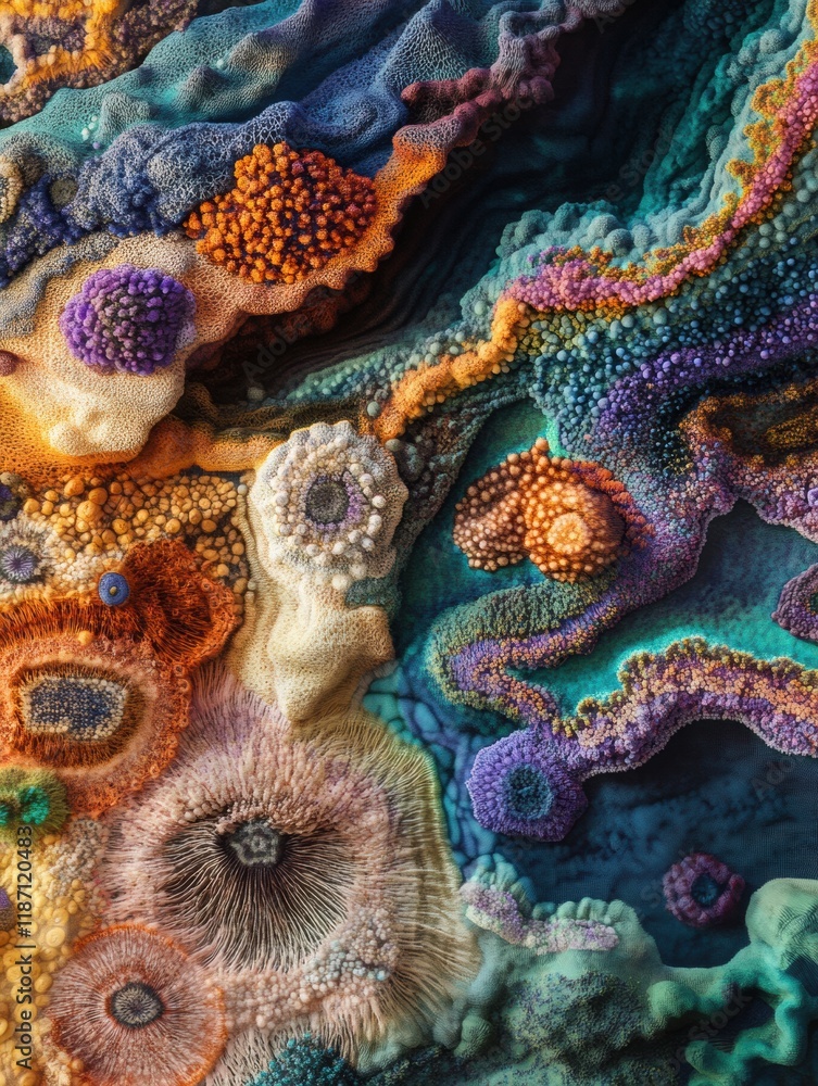 Aufkleber Exploration of vibrant bacterial patterns and textures in a colorful microbial landscape. Generative AI