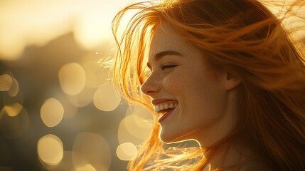 Red haired woman smiling in golden sunlight