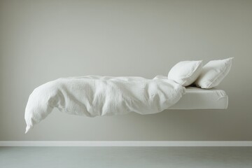 Fototapeta premium This minimalist image portrays a floating bed, creating a surreal visual that challenges conventional notions of gravity and offers a sense of dreamy tranquility and modern design.