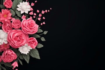 Elegant floral arrangement with pink roses, white flowers, and green leaves creating a beautiful design on a dark backdrop