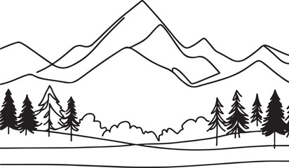 Mountain Range and Forest in Simple Line Drawing. Vector Design
