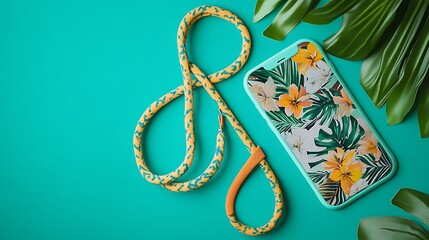 Fototapeta premium Teal phone with tropical floral screen & strap.