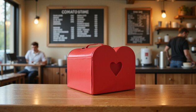 Red heart-shaped donation box on wooden table in cozy cafe with people working