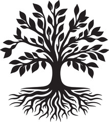 tree with leaves and roots silhouette vector art illustration isolated on transparent background