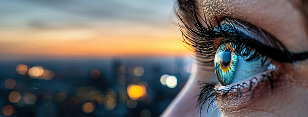 Person’s augmented eye scanning holographic data projections, blending human vision with AI enhancements