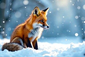 Fox in the snow, against the background of a winter forest landscape, snowfall. Red fox vulpes in the winter season, photorealistic. Copy space