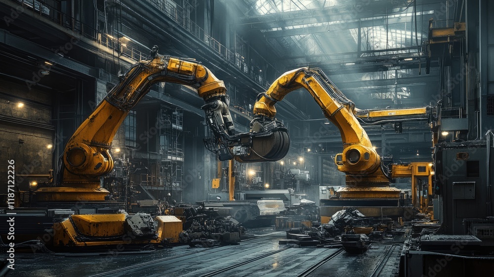 Poster industrial robotic arms working in a factory setting