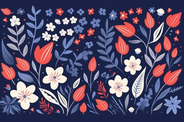 Vibrant floral pattern featuring red tulips and white blossoms intertwined with elegant blue leaves on a deep blue background