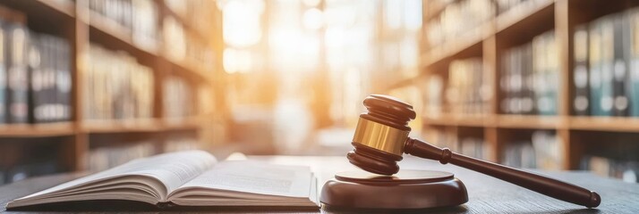 Wooden gavel resting on sound block with open law book on desk in law library, representing legal studies, justice, and auction