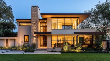 Modern luxury home at dusk, showcasing large windows, stone facade, and sleek design.