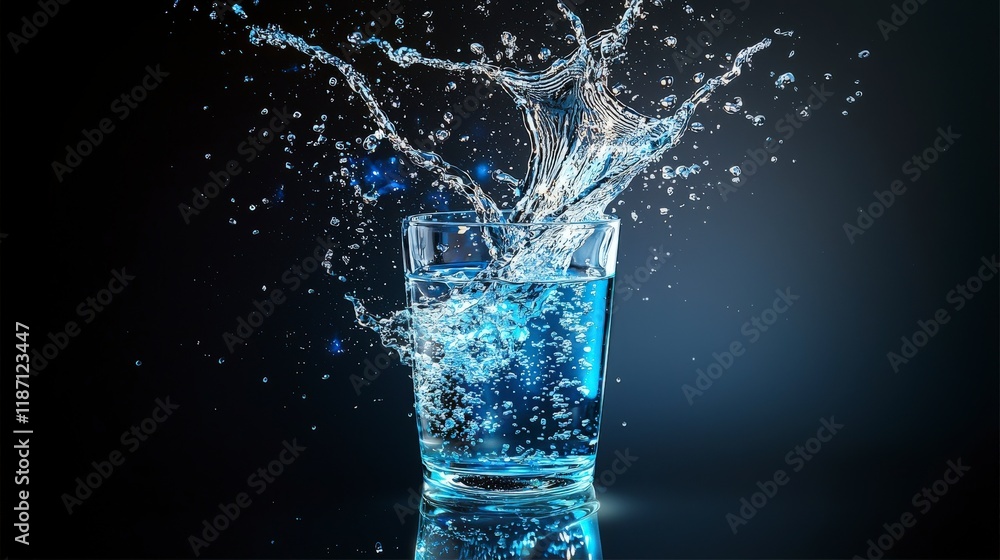 Poster dynamic water splashing from glass studio setting photography dark background close-up fluid motion 