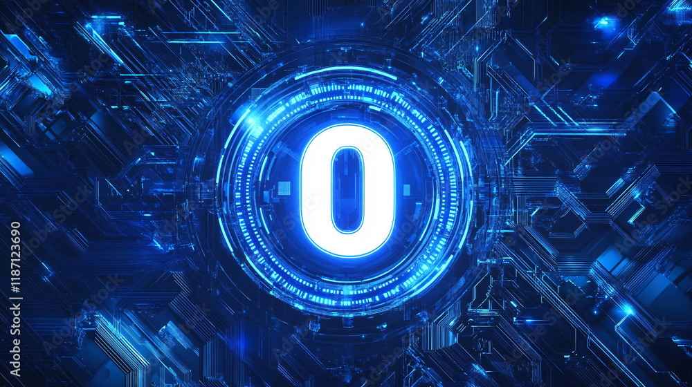 Poster a glowing neon number zero displayed in a futuristic digital design surrounded by blue and black tec