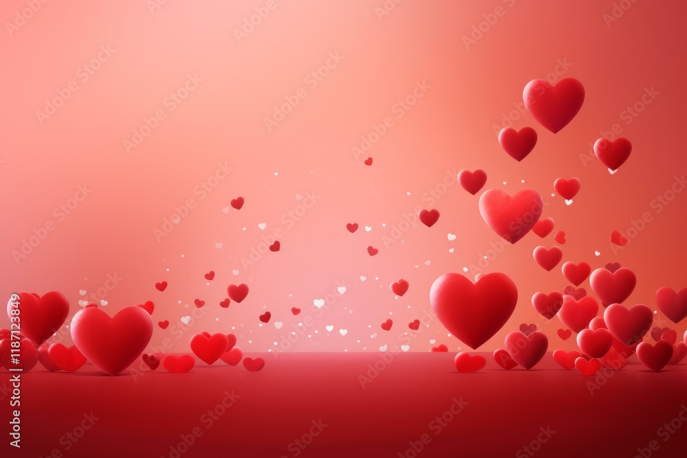 Poster red hearts floating gently against a gradient backdrop, creating a romantic and dreamy atmosphere