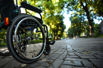 Fototapeta premium Empty wheelchair on dirt path in lush forest, sunlight filtering through dense foliage