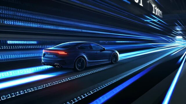 High-Speed Digital Drive: A Futuristic Car Journey Through a Binary Tunnel