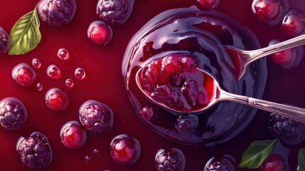 Berrylicious Delight: A close-up, overhead shot of a rich, vibrant berry sauce, glistening with sweetness and ready to be enjoyed. The glistening sauce, dotted with plump berries and green leaves.