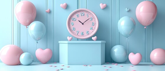 Clock and balloons on blue wall, ideal for baby announcements or celebrations.