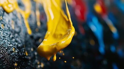 Fototapeta premium Yellow paint splash, dripping, vibrant colors.