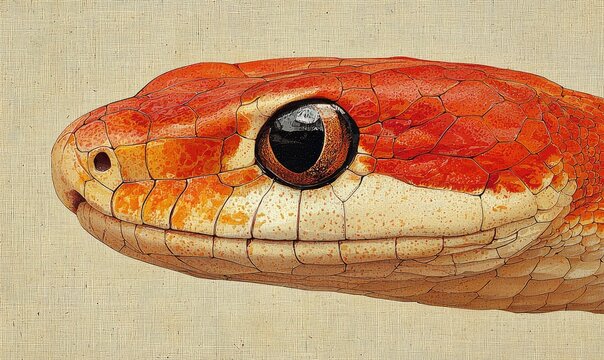 Close-up of a vibrant red cornsnake head on a neutral background.