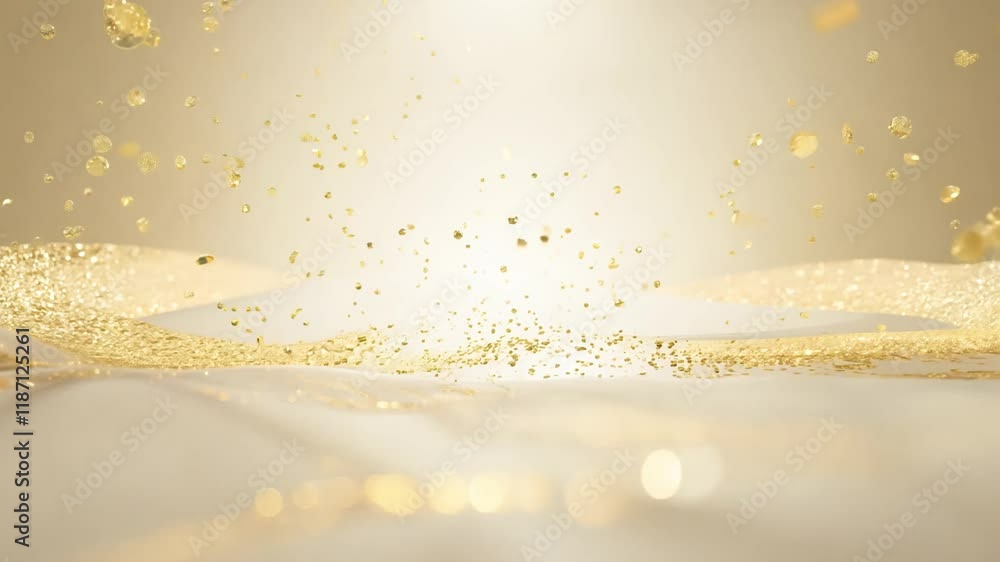 Poster golden particles and ribbon floating in a dynamic and elegant video