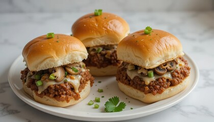 Sloppy Joe sliders served on a white plate, featuring soft golden brown buns filled with savory meat, topped with melted cheese, sliced mushrooms, and chopped green onions for a flavorful twist.