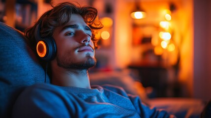 Obraz premium Young Man Relaxing with Headphones in Cozy Ambient Light