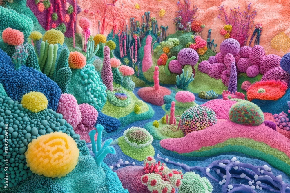 Aufkleber Vibrant landscape filled with intricate bacteria forms and textures creating a colorful natural habitat. Generative AI