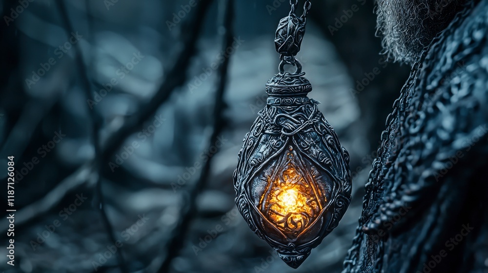 Poster ancient amulet glowing in mystical forest fantasy closeup enigmatic illumination dark and enchanted 