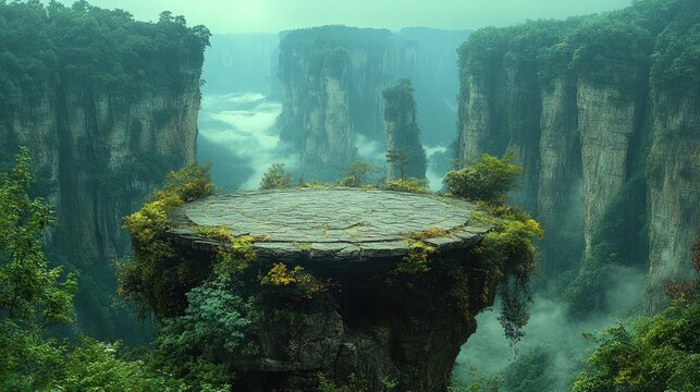 Misty mountaintop platform with lush vegetation, overlooking a dramatic valley.