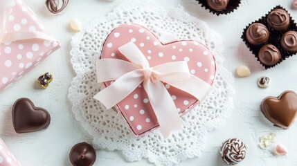 Naklejka premium Pink heart-shaped gift box with chocolates and presents for Valentine's Day.